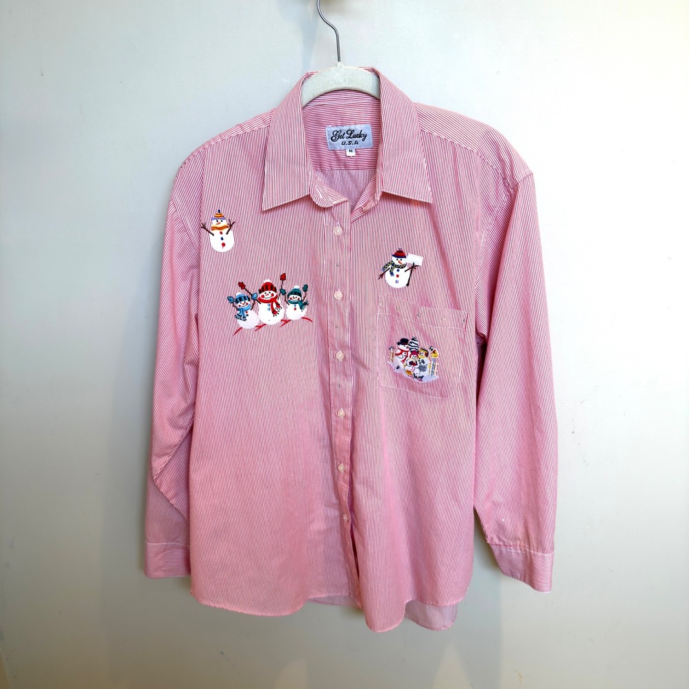 Get Lucky USA‎ Womens Red White Stripe Snowman Button Up Shirt Size M Oversized